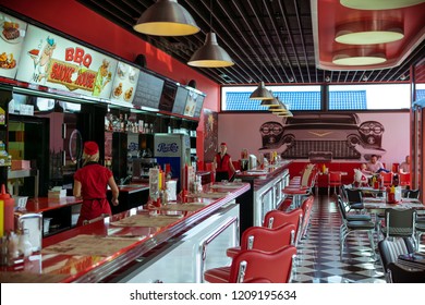 VYSOKÉ MÝTO, CZECH REPUBLIC - MARCH 3, 2017: Pictures Of The Retro American Burger Restaurant BBQ Smokehouse In The Czech City.