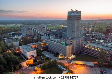 Karviná-Doly, Czech Republic - May 12 2022: Underground Black Coal Mine Darkov From Above During Sunrise. View On The Plant With Mining Tower.