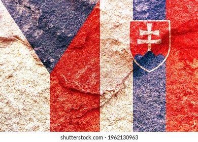 Czech Republic and Slovakia vertical national flags icon isolated together on weathered rock wall background, abstract Czech and Slovakia friendship relationship partnership solid as rock concept