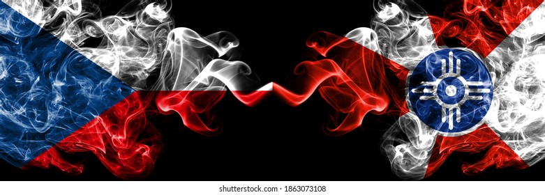 Czech Republic, Czech vs United States of America, America, US, USA, American, Wichita, Kansas smoky mystic flags placed side by side. Thick colored silky abstract smoke flags.