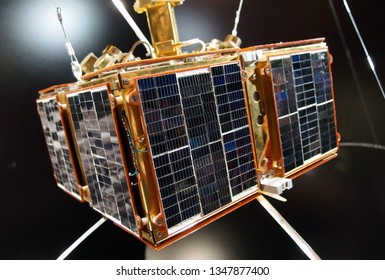 Czech satellite Magion 1 spaceflight. A satellite is an artificial object on Earth orbit. Close up of space science satellite.