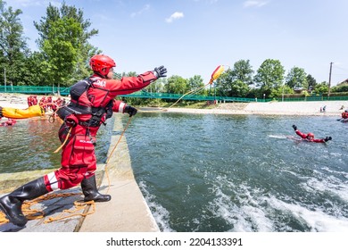 Staré Město, Czechia - 06 08 2019: Wild Water Rescue Bag Throwing