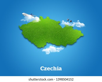 Czechia Map. Green Grass, Sky And Cloudy Concept.