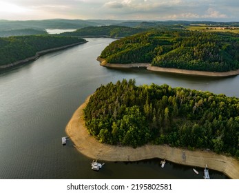 Czechia, Vltava River Aerial View. Czech Republic. Beautiful Summer Green Landscape with Orlík Water Reservoir and Boats. View from Above. 