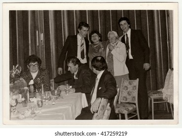 THE CZECHOSLOVAK SOCIALIST REPUBLIC - CIRCA 1970s: Retro Photo Shows People During Wedding Celebration. Black & White Vintage Photography.