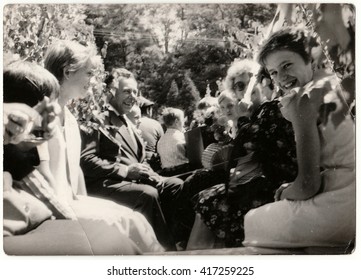 THE CZECHOSLOVAK SOCIALIST REPUBLIC - CIRCA 1970s: Retro Photo Shows People Ride On Rural Wedding Celebration. Black & White Vintage Photography.