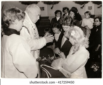 THE CZECHOSLOVAK SOCIALIST REPUBLIC - CIRCA 1970s: Retro Photo Shows A Rural Wedding Ceremony In A Church. Black & White Vintage Photography.