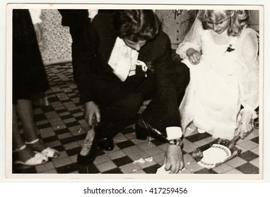 THE CZECHOSLOVAK SOCIALIST REPUBLIC - CIRCA 1970s: Retro Photo Shows People On Wedding Celebration. Black & White Vintage Photography.