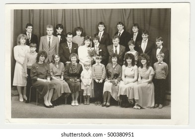 THE CZECHOSLOVAK  SOCIALIST REPUBLIC - CIRCA 1980s: Vintage Photo Shows Newlyweds And Wedding Guests. Retro Black & White  Photography.