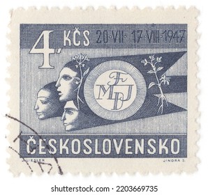 CZECHOSLOVAKIA - 1947 July 20: An 4 Korunas Slate Postage Stamp Showing World Federation Of Youth Symbol. World Youth Festival Held In Prague, July 20-Aug. 17