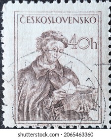 Czechoslovakia Circa 1954: A Postage Stamp Printed In Czechoslovakia Showing A Portrait Of A Post Woman Delivering Mail 