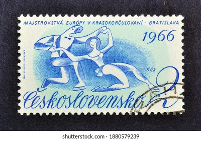 Czechoslovakia - Circa 1966 : Cancelled Postage Stamp Printed By Czechoslovakia, That Promotes European Figure Skating Championships, Bratislava, Circa 1966.