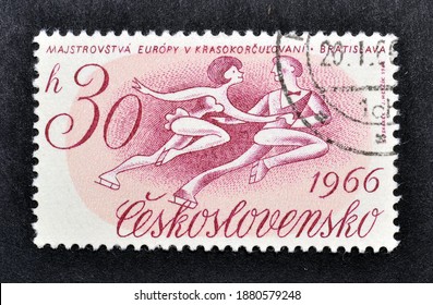 Czechoslovakia - Circa 1966 : Cancelled Postage Stamp Printed By Czechoslovakia, That Promotes European Figure Skating Championships, Bratislava, Circa 1966.