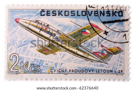 CZECHOSLOVAKIA - CIRCA 1967: A stamp printed in The Czechoslovakia shows image famous training jet aircraft Aero L 29 Delfin, series, circa 1967
