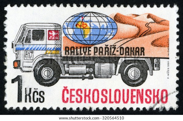 CZECHOSLOVAKIA - CIRCA 1989: post stamp printed in
former Czechoslovakia (Ceskoslovensko) shows Liaz globe Paris Dakar
Rally competition; trucks series; Scott 2726 A979 1k; circa
1989