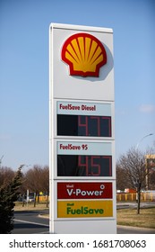 Czestochowa, Poland, Silesia -17 March 2020: SHELL Gas Station, Gas Pump, SHELL V- POWER Fuel, SHELL FuelSave