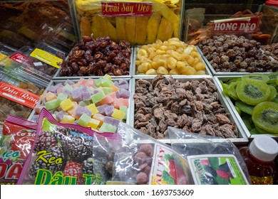 Da Lat, Vietnam - April 2020: Colorful confectionery shops and specialty products in Dalat market - Vietnam