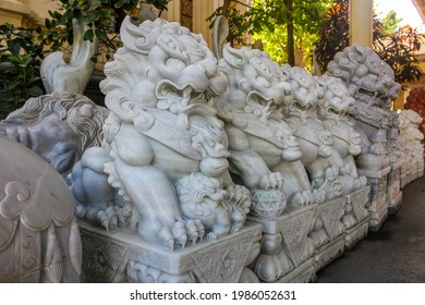 Da Nang City, Vietnam - July 19, 2019: The White Lion Statues In Non Nuoc Stone Carving Village