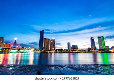 Da Nang, Vietnam - June 27th 2021: View of Da Nang city at sunset which is a very famous destination for tourists.