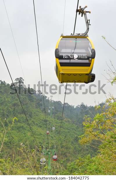 DA NANG,\
VIETNAM - MARCH 14 : Cable cabs are running on high wire at Bana\
Hills on March 14, 2014 in Danang, Vietnam. Bana Hills is\
interesting tourist new places to visit.\
