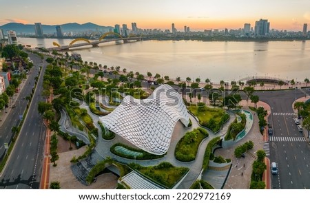 Da Nang, Vietnam - september 17th 2022: Aerial view of Da Nang Apec sculpture park at sunrise which is a new icon of Da Nang city.