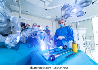 Da Vinci Surgery. Robotic Surgery. Medical Operation Involving Robot.