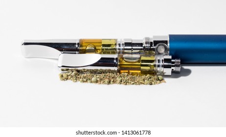 Dab Pen, Battery And Marijuana Bud On White Background. Vaping Cannabis Oil