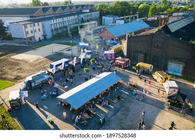 DABROWA GORNICZA POLAND - 4 jULY 2020: Food truck rally, fast food party in dabrowa gornicza, silesia poland aerial drone photo view