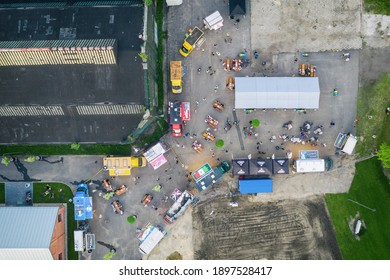 DABROWA GORNICZA POLAND - 4 jULY 2020: Food truck rally, fast food party in dabrowa gornicza, silesia poland aerial drone photo view