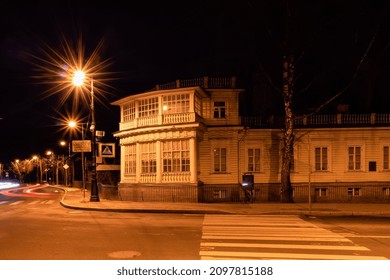 Dacha Of Russian Poet Alexander Pushkin At Night Near Pedestrian Crossing Illuminated By Street Lamps - Tsarskoe Selo, St. Petersburg, Russia, November 2021