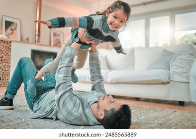 Dad, airplane game and portrait of child in home for fun, love and support for family in apartment. Happy, girl and man or father on floor for weekend or together in living room or lounge for fantasy - Powered by Shutterstock