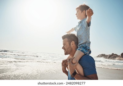 Dad, beach and child on shoulders for airplane, vacation or waves to relax with care, love or bonding on walk. Man, father and boy for piggy back, plane or flight by sea for mockup space in Croatia - Powered by Shutterstock