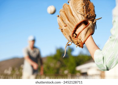 Dad, boy and catch with baseball, teaching and training for love, bonding and games in summer. Family home, papa and child with pitch, hands and softball glove for sports with learning in backyard - Powered by Shutterstock