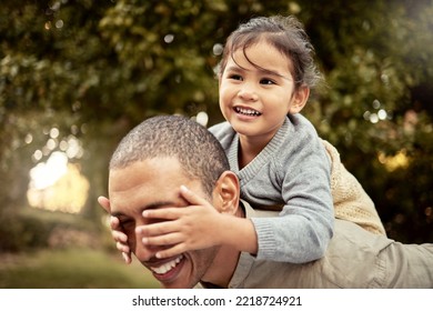 Dad, Child And Piggy Back With Cover, Eyes And Playing In Garden, Backyard Or Park For Fun. Family, Father And Girl With Hands On Face With Smile, Happiness And Game By Trees In Summer For Bonding