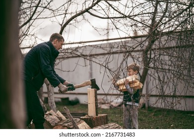 Dad Is Chopping Firewood In The Yard Of A Village House, The Boy Helps Dad Carry Firewood In The Woodpile. Dad And Son Work Together