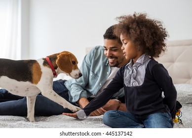 Dad and cute girl playing with dog. - Powered by Shutterstock