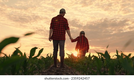 Dad daughter hold hands in field. Father, child walk on field, sunset. Kid girl, dad go hand in hand, field corn sprouts. Family farming business. Agricultural industry. Growing corn, organic food - Powered by Shutterstock