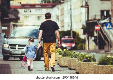 Dad With His Daughter Go To School