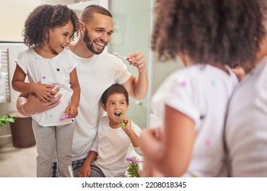 Dad, kids and brushing teeth dental healthcare, cleaning and bathroom hygiene at home. Happy father, girl and boy children learning oral wellness, fresh breath and smile for toothpaste on toothbrush - Powered by Shutterstock