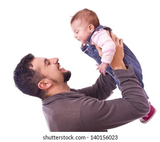 Dad lifting his baby. Isolated people over white.