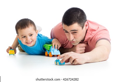 Dad And Little Child Boy Playing With Toy Cars