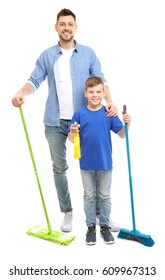 Dad And Son With Cleaning Supplies On White Background