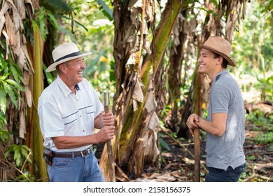 Dad and son laughing while working. An older man works alongside his son in the field, chatting and spending time together. They hold the work tools in their hands.