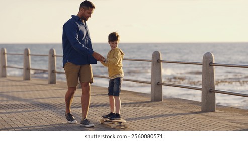 Dad, son and outdoor for learning skateboard, adventure and sea vacation for bonding with father. Boy, child and papa for support in relationship, helping kid and promenade for love or care on trip - Powered by Shutterstock