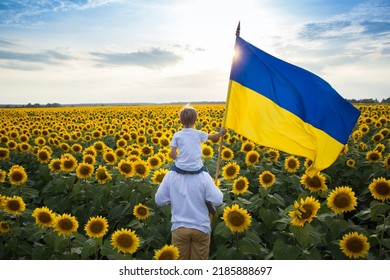 dad with son, who sits on shoulders, with large flag of Ukraine against backdrop of beautiful flowering field with sunflowers. Patriotic education. Pride, faith in victory. Stop war. Independence Day