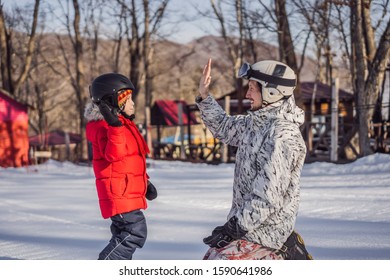 Dad Teaches Son Snowboarding Activities Children Stock Photo 159 pic photo