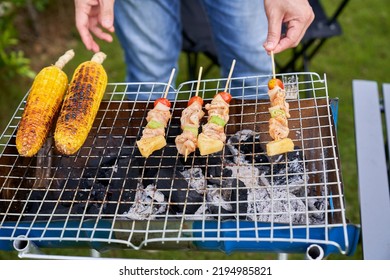 Dad Try To Grill Barbeque Chicken And Corn For Picnic With Family , Family Picnic Time Concept