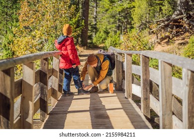 Dad Tying His Son's Shoelaces On A Wooden Bridge