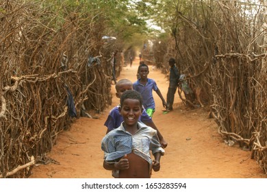 DADAAB, KENYA : AUGUST 14, 2019 : Children Live In The Dadaab Refugee Camp Where Thousands Of Somalis Wait For Help Because Of Hunger In North Africa.