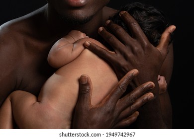 Daddy With Black Skin Hold And Carry Baby In His Arms And Spend Love To His Interracial Daughther